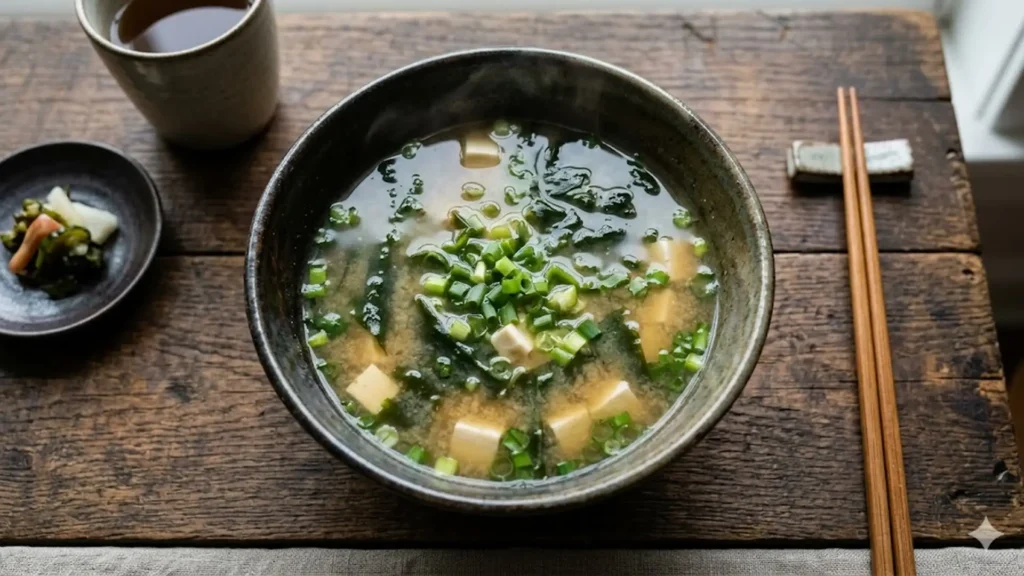 Miso soup, beautifully styled overhead food photograph