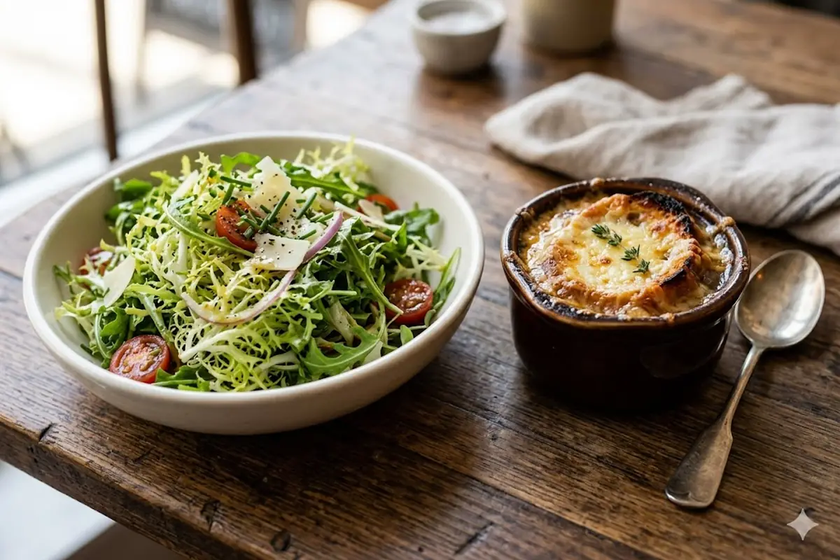 An acidic salad to pair with French onion soup A crisp frisee and arugula salad beside a crock of French onion soup, a fresh side to serve with French onion soup