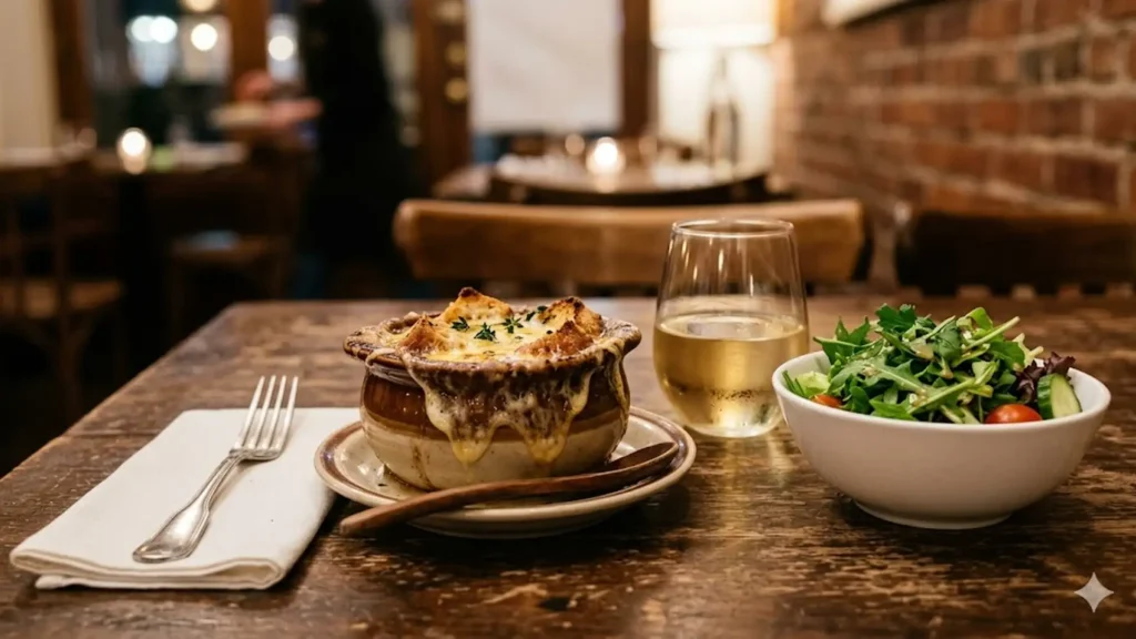 A gratineed crock of French onion soup served with a green salad and wine, showing what to have with French onion soup