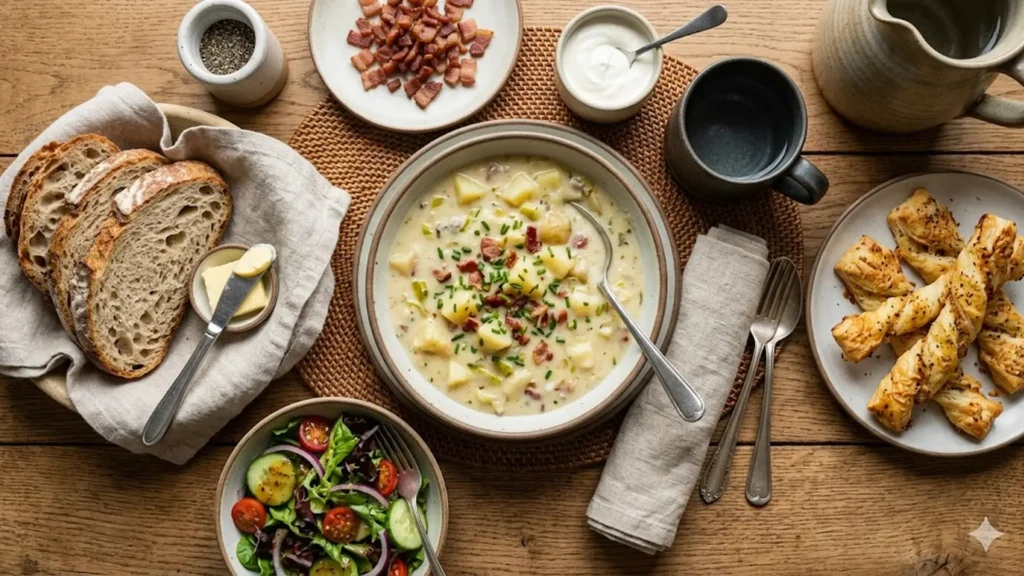 Overhead view of what to serve with potato soup