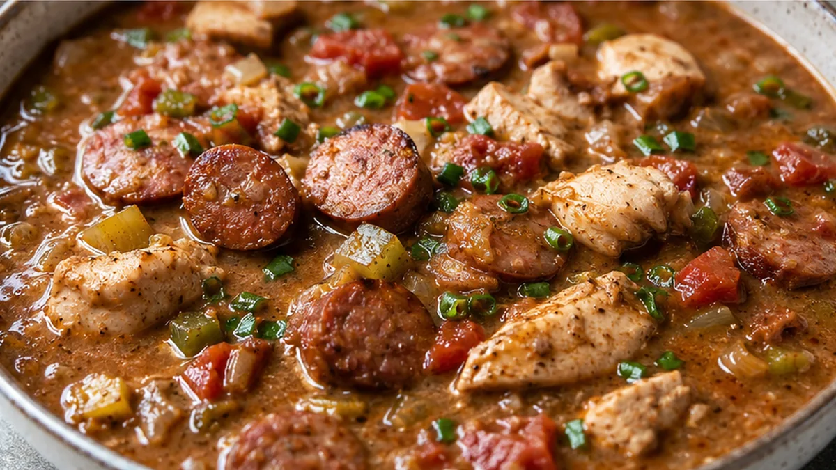 ️ Easy Chicken & Sausage Gumbo Recipe - chicken gumbo - Chicken Gumbo: master this soulful, easy slow cooker recipe. Packed with tender chicken, savory Andouill