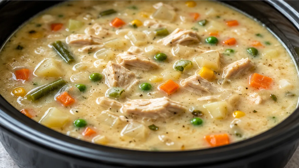 Cozy Slow Cooker Chicken Pot Pie Soup - Chicken pot pie soup: cook this hearty, comforting slow cooker meal. Loaded with chicken and vegetables, perfect for a c