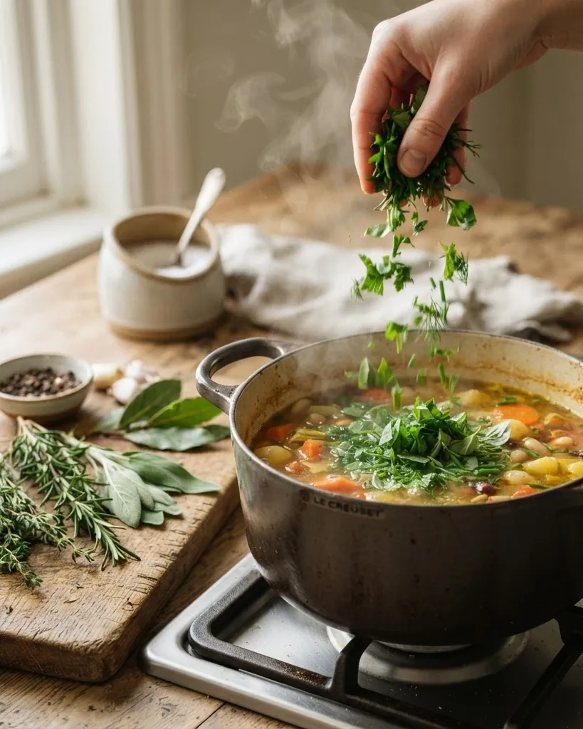 Close-up illustrating woody herbs go in early, tender herbs at the finish