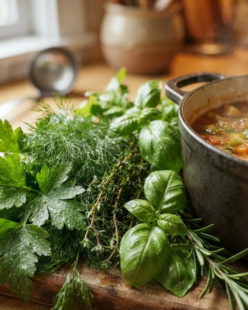 Detail view of matching fresh herbs for soup to chicken, tomato, and lentil pots
