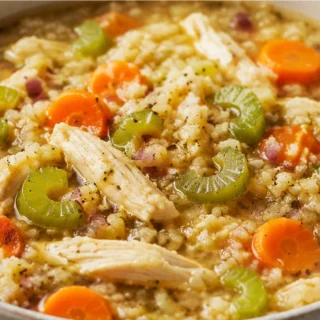 Paleo Chicken & Cauliflower Rice Soup - paleo chicken soup - Paleo chicken soup: craft this wholesome and comforting cauliflower rice soup in your slow cooker.