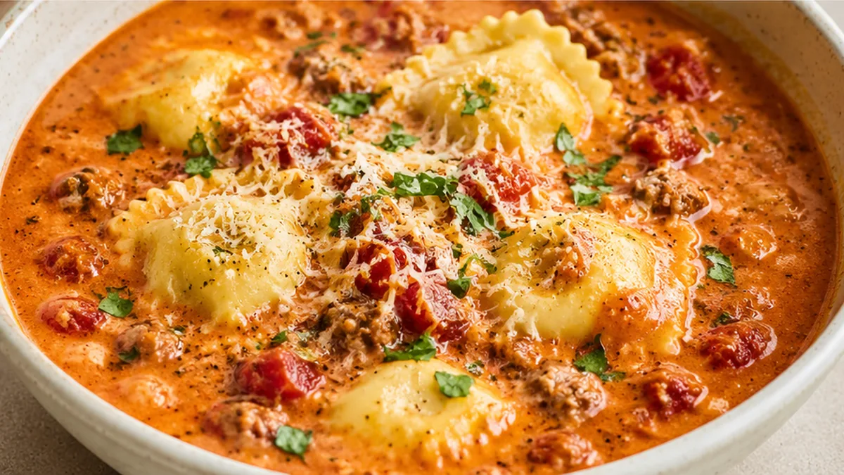 Creamy Ravioli Soup: Comfort in a Bowl - Ravioli Soup: cook this hearty, creamy Italian sausage and tomato soup in one pot. A quick, satisfying weeknight meal f