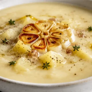 Creamy Roasted Garlic Soup Recipe - Roasted garlic soup: cook this rich, velvety soup with sweet roasted garlic and tender potatoes. Perfect for a comforting me