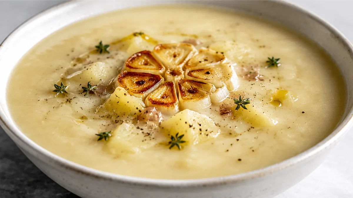 Creamy Roasted Garlic Soup Recipe - Roasted garlic soup: cook this rich, velvety soup with sweet roasted garlic and tender potatoes. Perfect for a comforting me