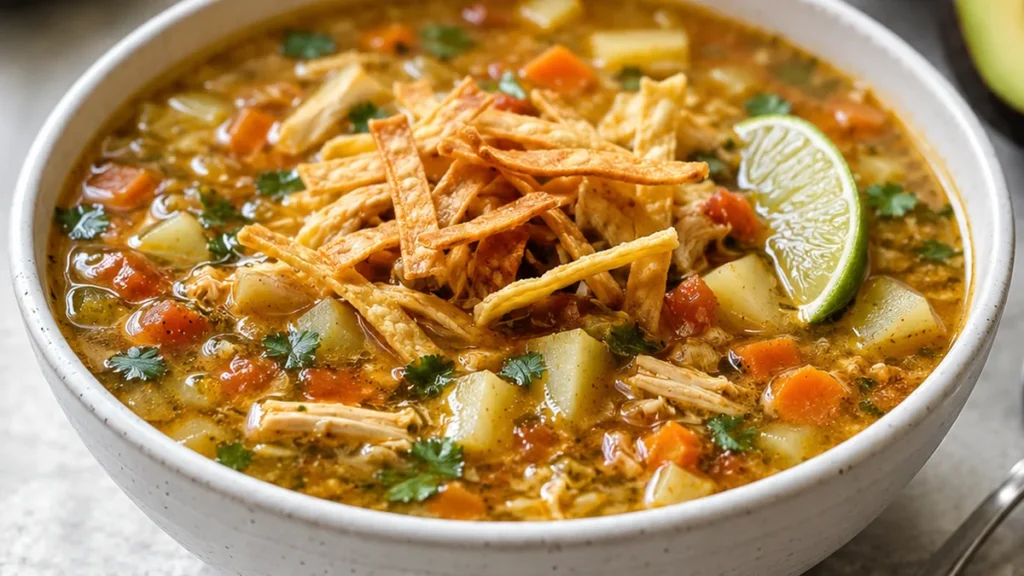 ️ Speedy Salsa Verde Tortilla Soup! So Flavorful! - salsa verde soup - Salsa Verde soup: cook this fresh and zesty tortilla soup in under 30 minutes. Loaded wit