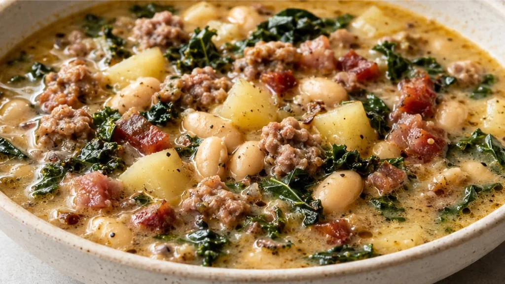 Cozy Tuscan Sausage Soup - Tuscan sausage soup: cook this hearty white bean and pancetta recipe in your slow cooker for a comforting meal. Perfect for chilly ev