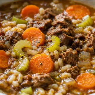 Hearty Vegan Beef & Barley Soup - vegan soup - Vegan soup: Craft this hearty vegetable barley soup with 'beef' bites and savory broth in under an hour. Packed w