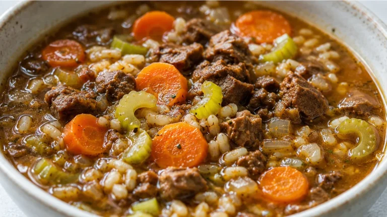 Hearty Vegan Beef & Barley Soup