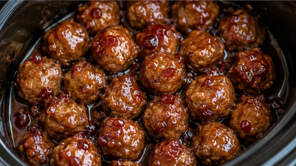Easiest 3-Ingredient Meatballs - crock pot meatballs - Crock pot meatballs: Make the ultimate easy appetizer with just 3 main ingredients and frozen meatballs.