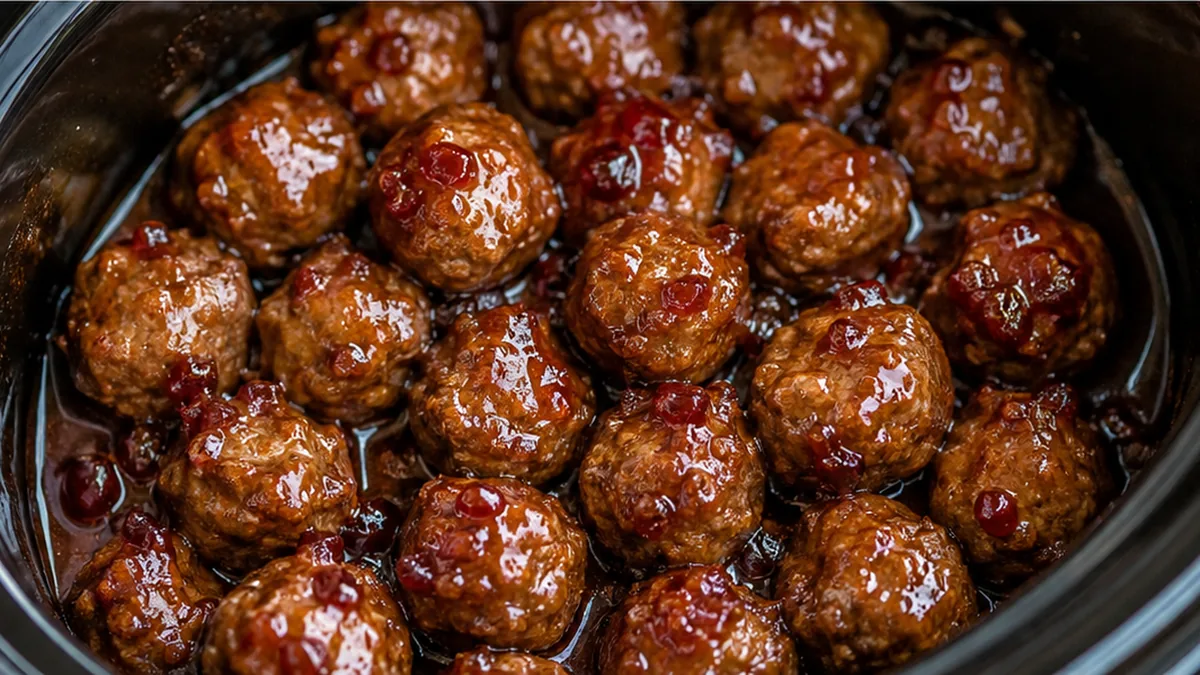 Easiest 3-Ingredient Meatballs - crock pot meatballs - Crock pot meatballs: Make the ultimate easy appetizer with just 3 main ingredients and frozen meatballs.