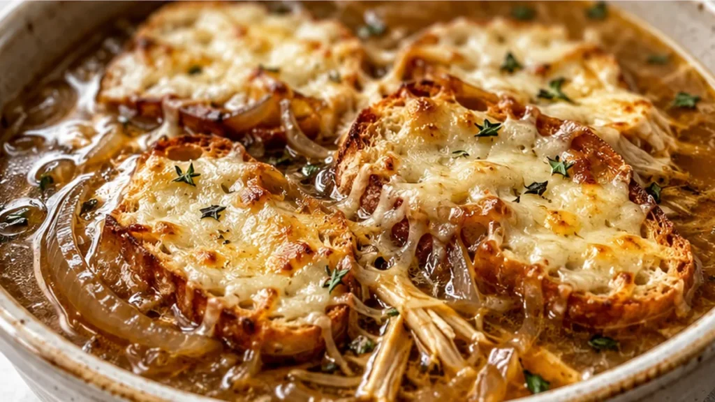 Cozy French Onion Chicken Soup - Onion chicken soup: Master this ultimate comfort French-style soup. Rich caramelized onions, tender chicken, and cheesy sourdou